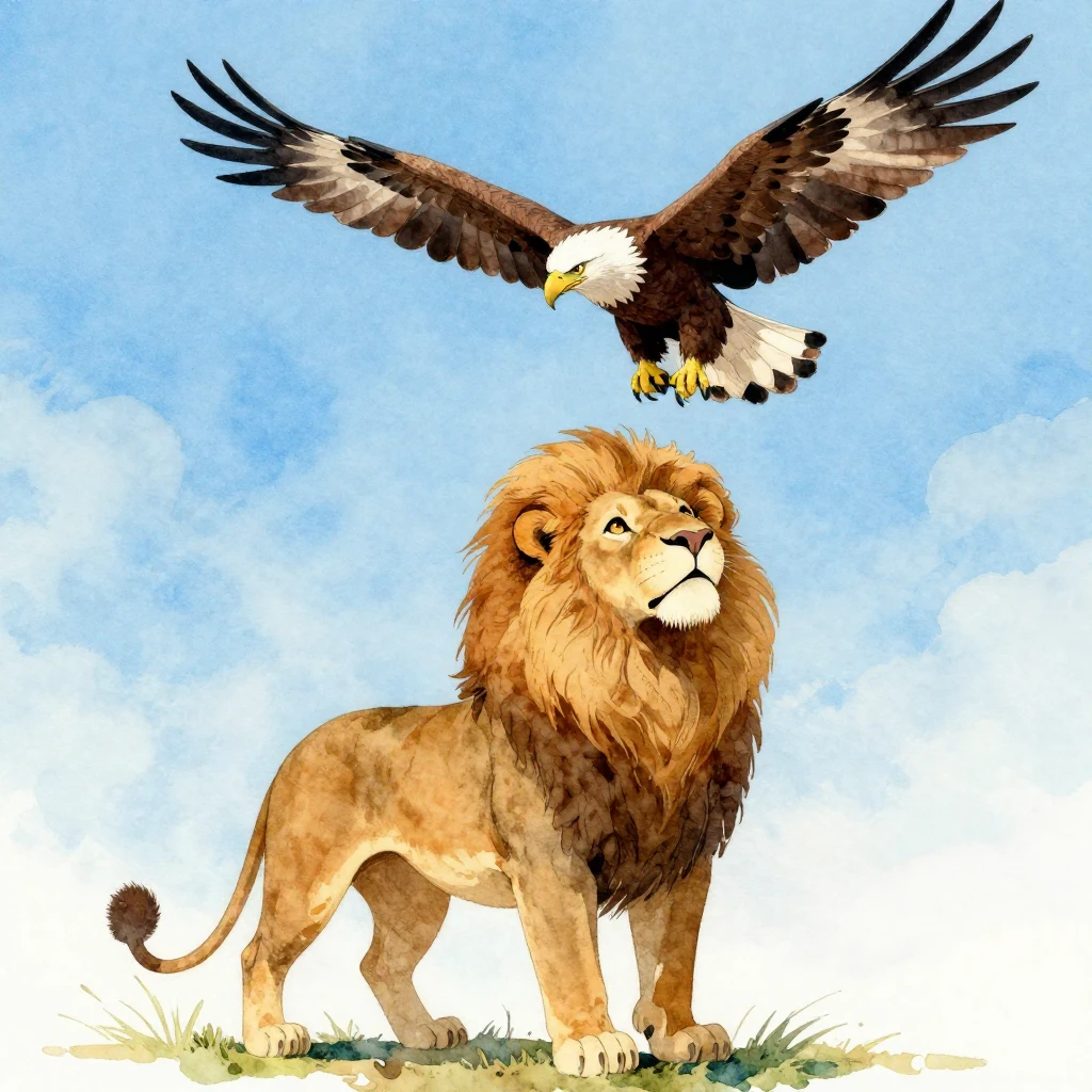 A vibrant watercolor illustration of a majestic, friendly li...