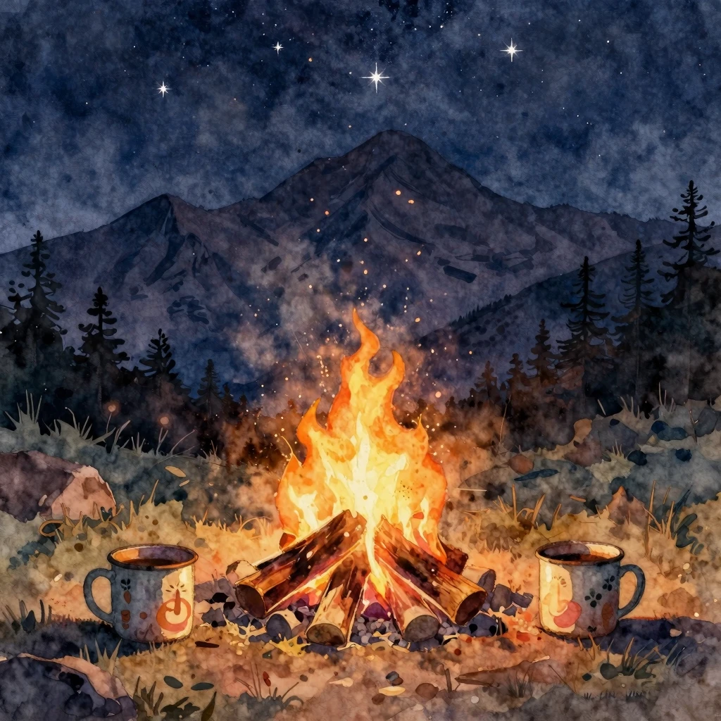 Watercolor style. Atmospheric evening by the campfire, two v...