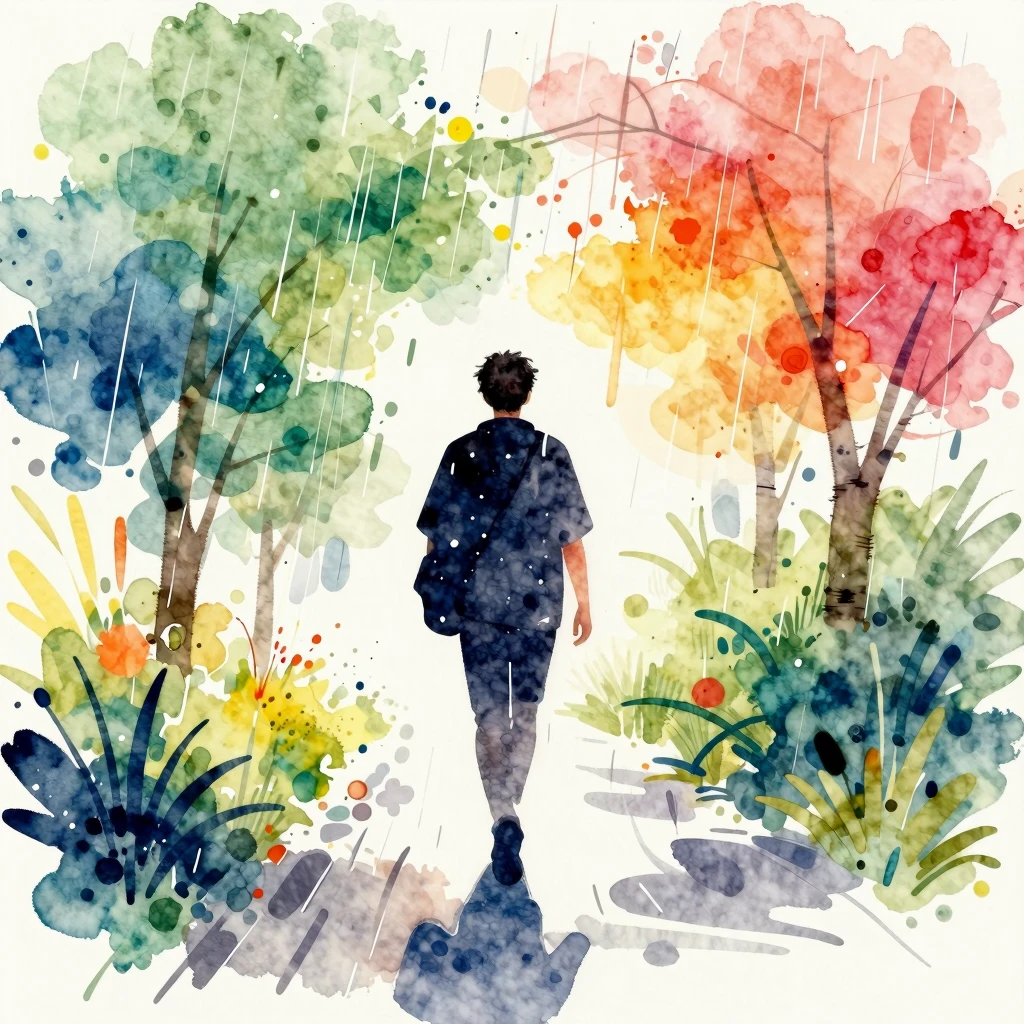 Vibrant watercolor style illustration, dynamic path, silhoue...