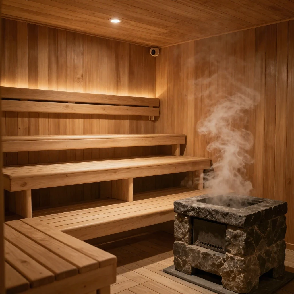 A tranquil and cozy sauna interior bathed in warm, soft ligh...