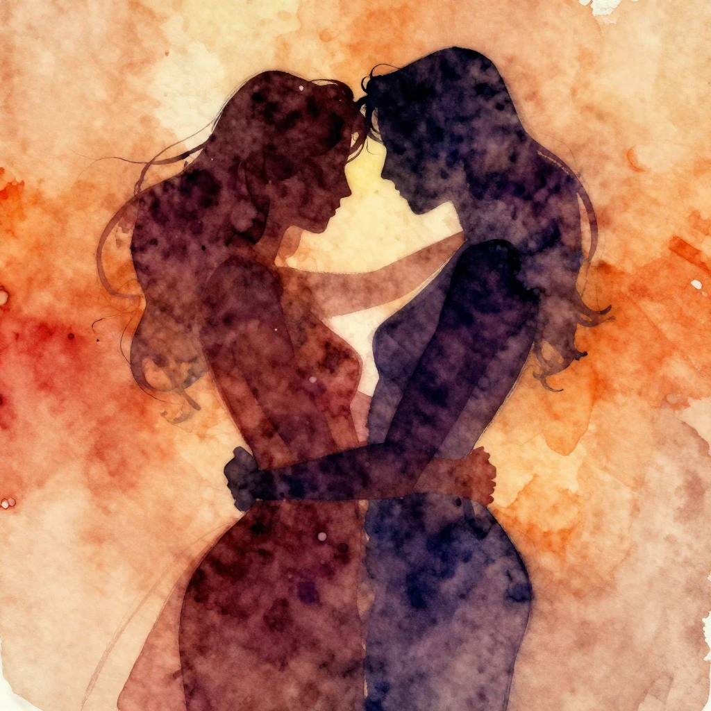 An abstract watercolor illustration of two intertwined figur...