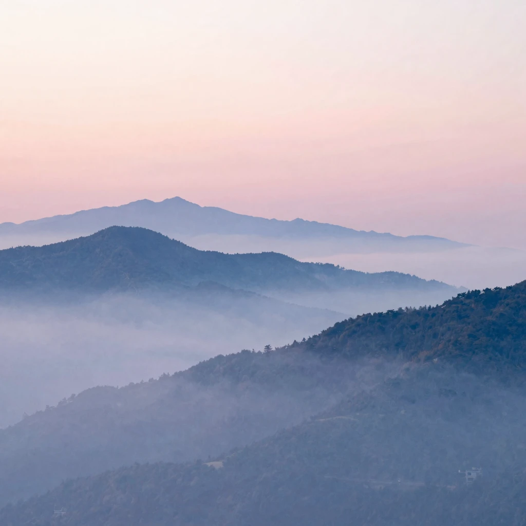 A serene mountain landscape at dawn, soft mist over peaks, g...