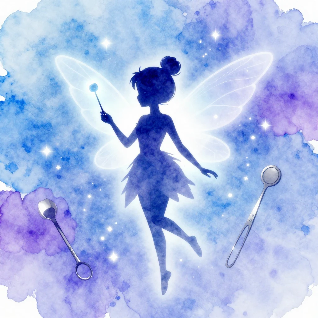 A whimsical, glowing silhouette of a Tooth Fairy with delica...