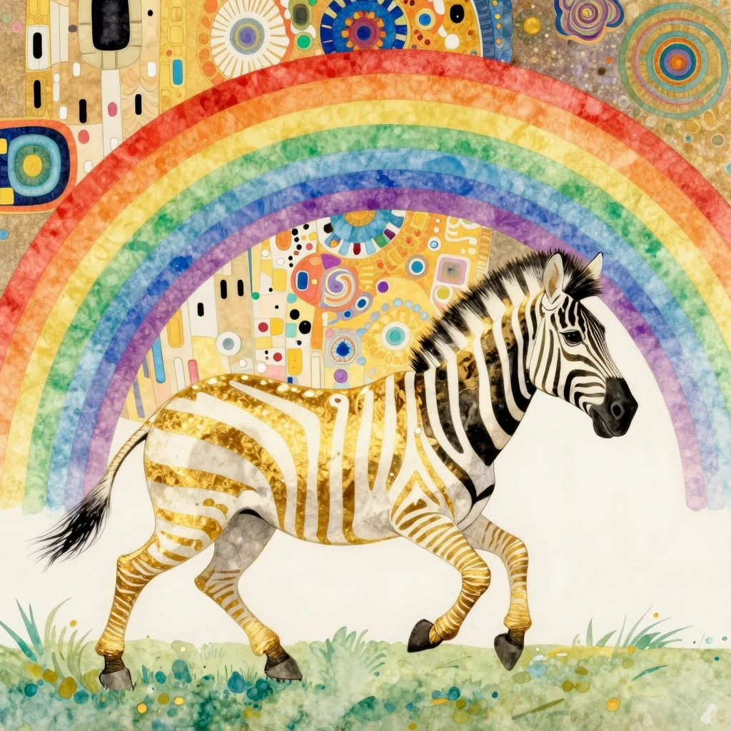 Vibrant watercolor style. A golden zebra galloping on a rain...