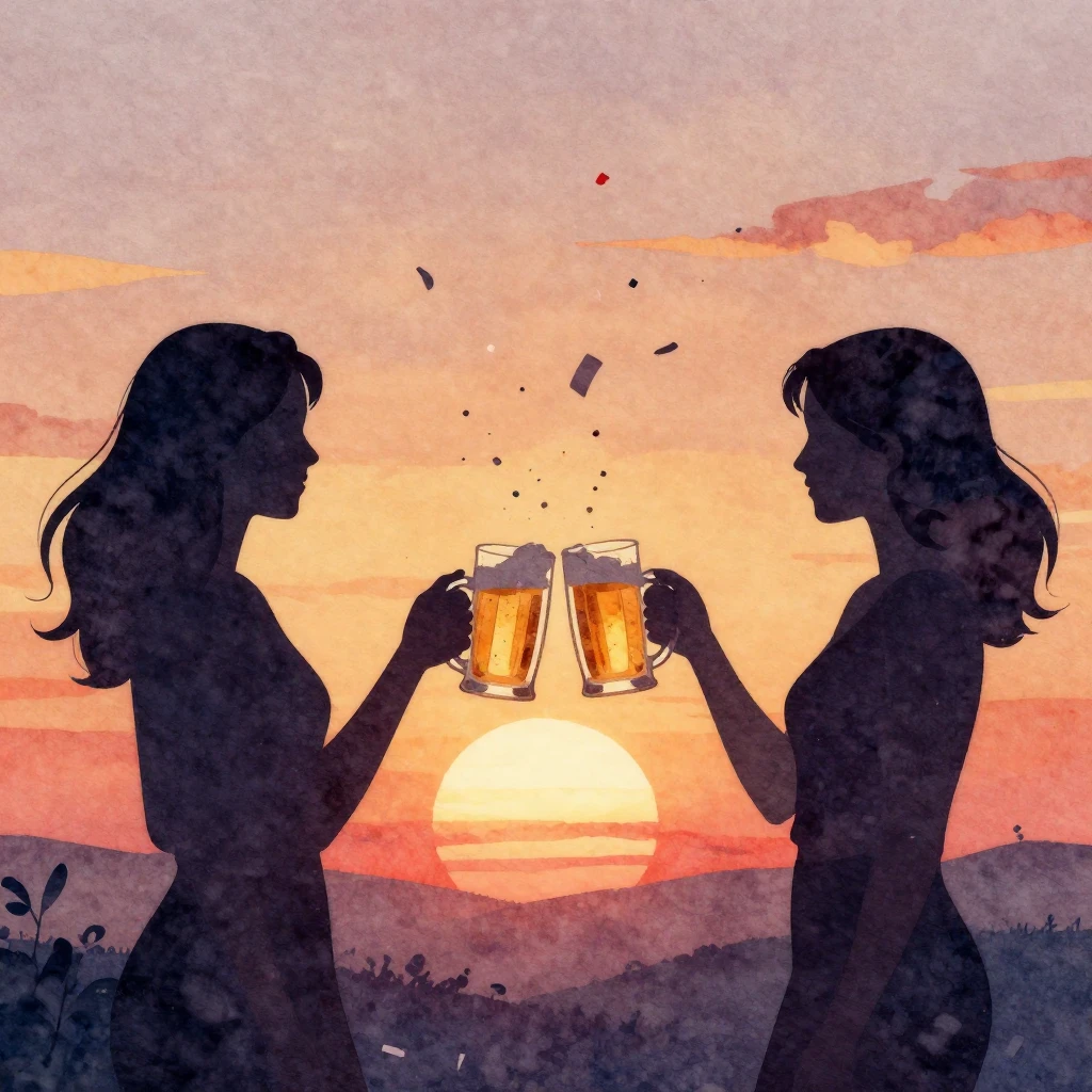 Watercolor style. Silhouette of two female friends clinking ...