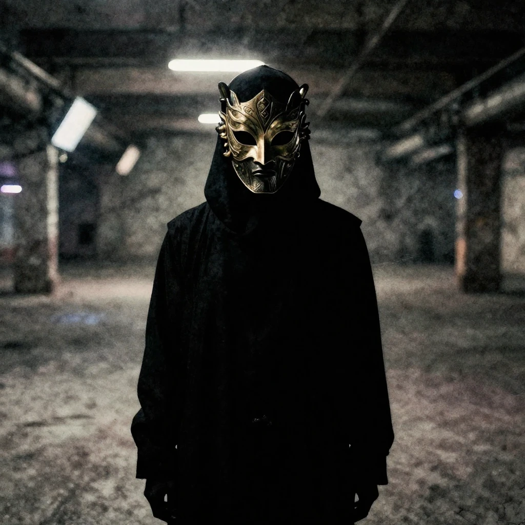 A dark silhouette of a person wearing an intricate, mysterio...