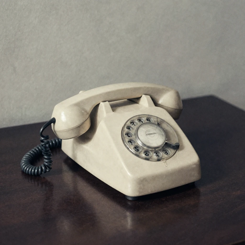 A lonely, old-fashioned rotary phone, off the hook, with a s...