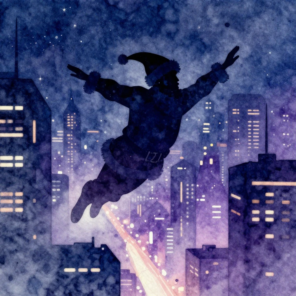 A vibrant watercolor style image of a Techno Santa Claus sil...