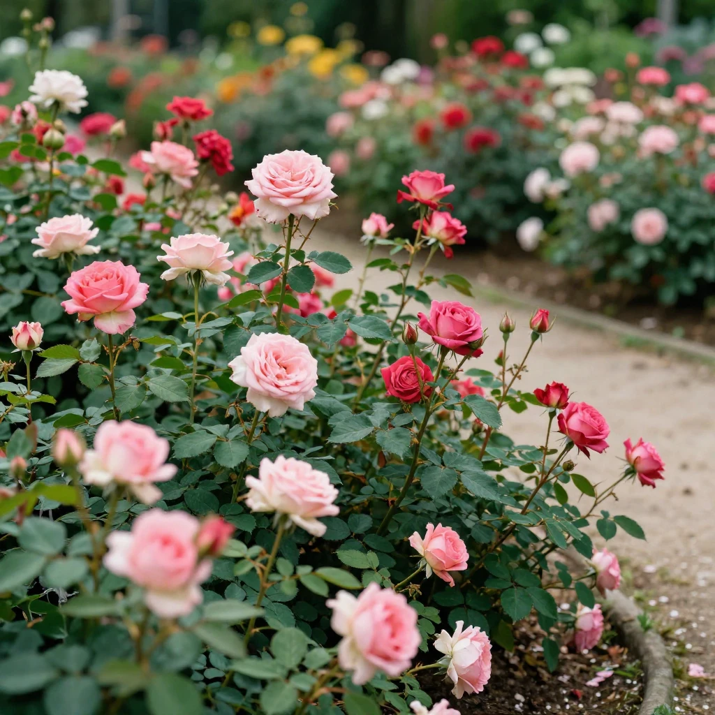 A lush, vibrant rose garden in full bloom, with various colo...