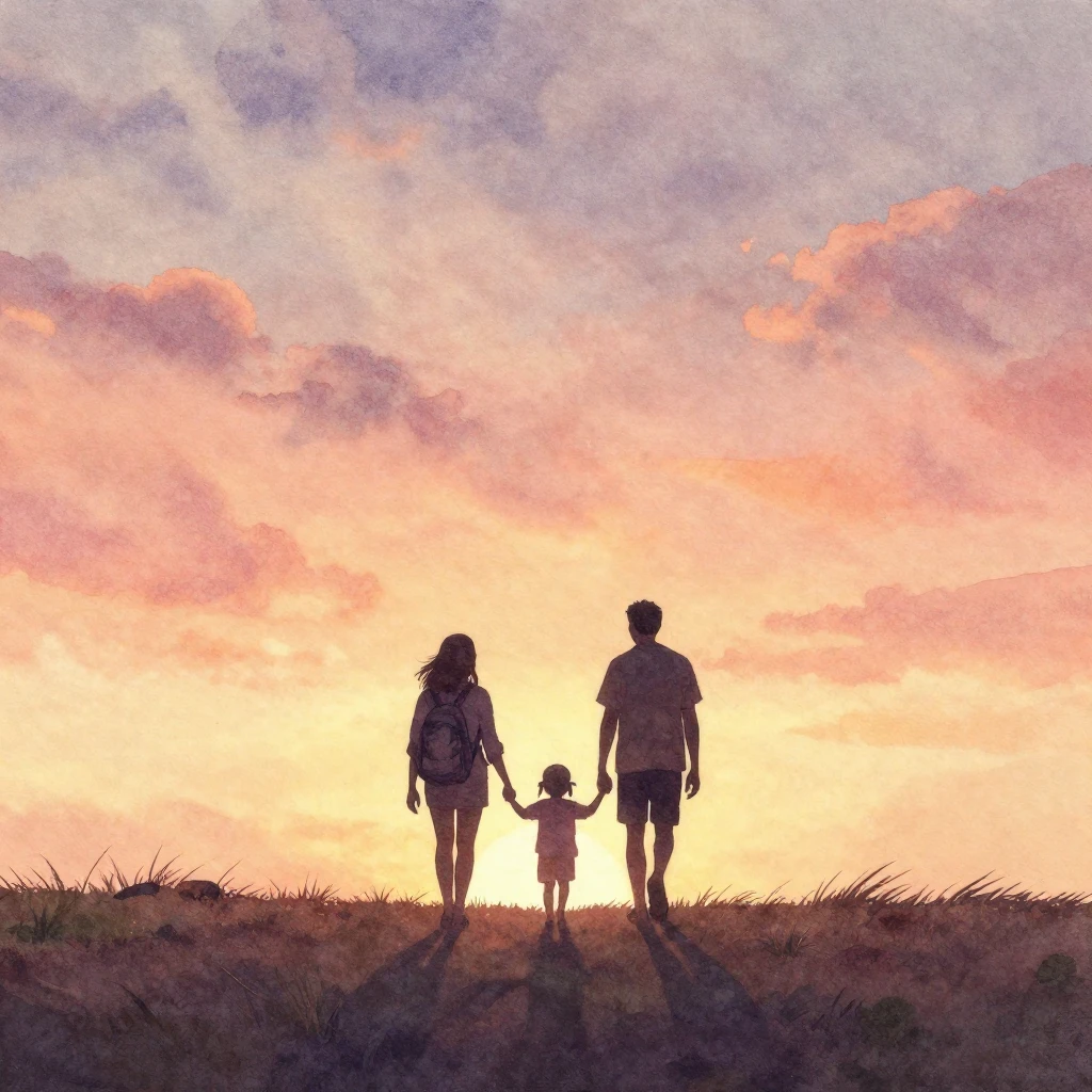 A subtle silhouette of a small family walking hand-in-hand t...