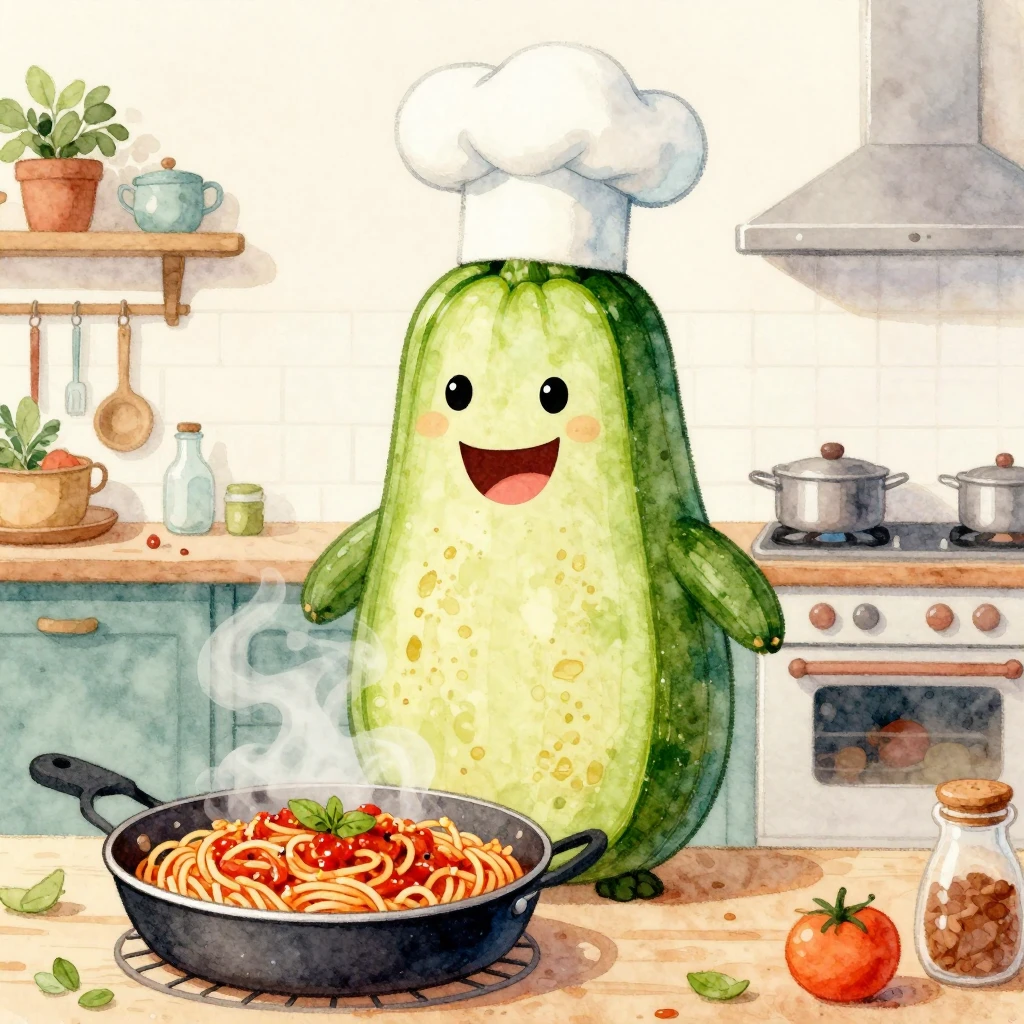 Watercolor painting of a giant smiling zucchini wearing a ch...