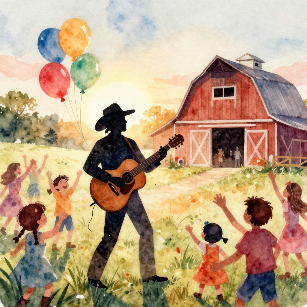A vibrant watercolor painting of a lively country birthday c...