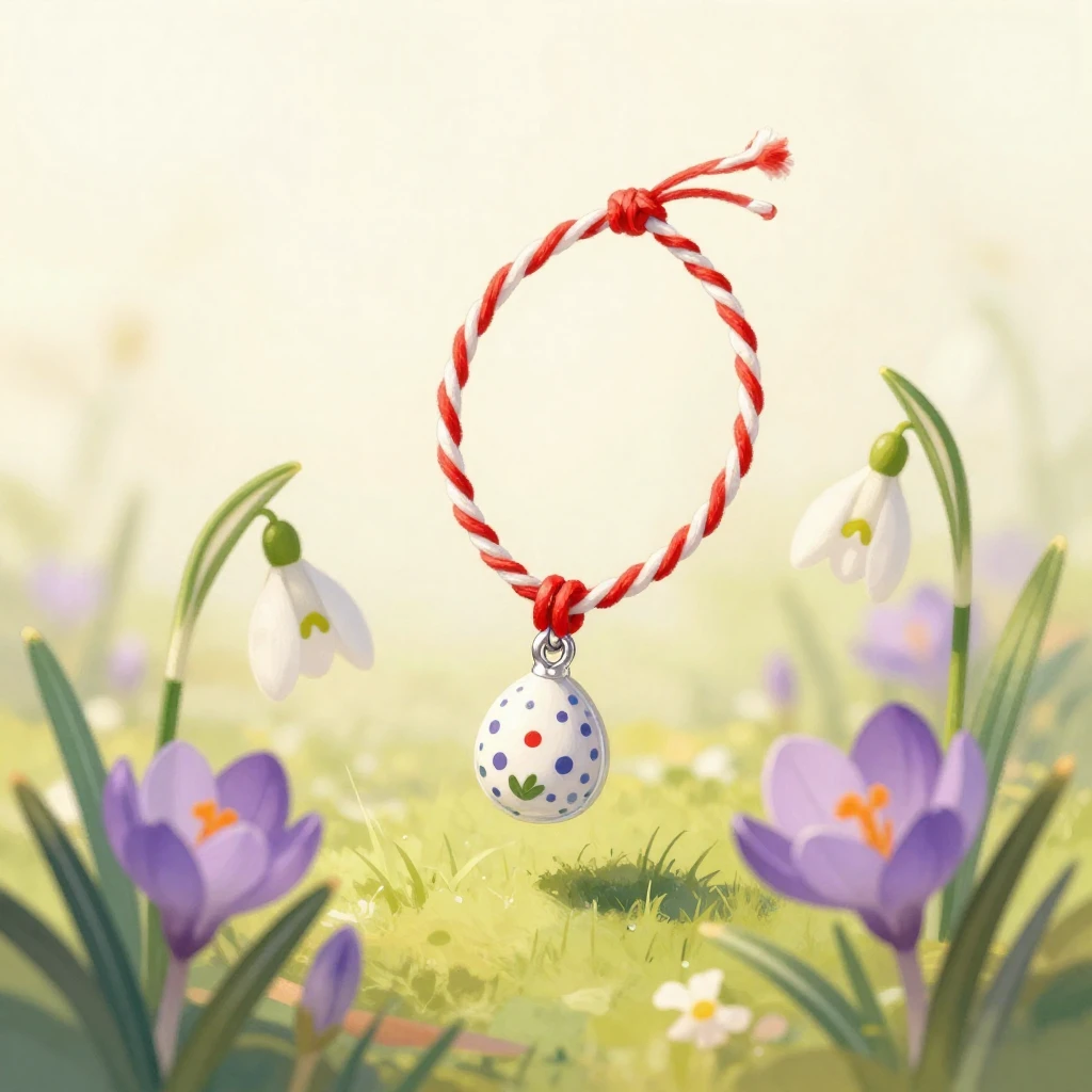 A whimsical illustration of a traditional Mărțișor symbol, a...