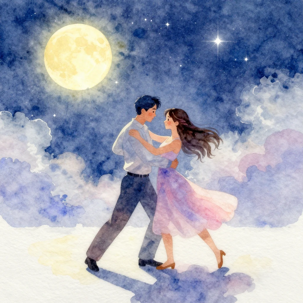 A watercolor painting of a couple slow dancing under a starr...