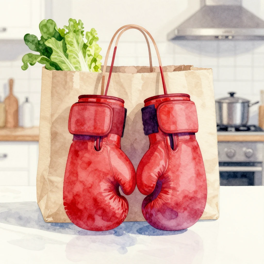 Watercolor silhouette of boxing gloves in a kitchen next to ...