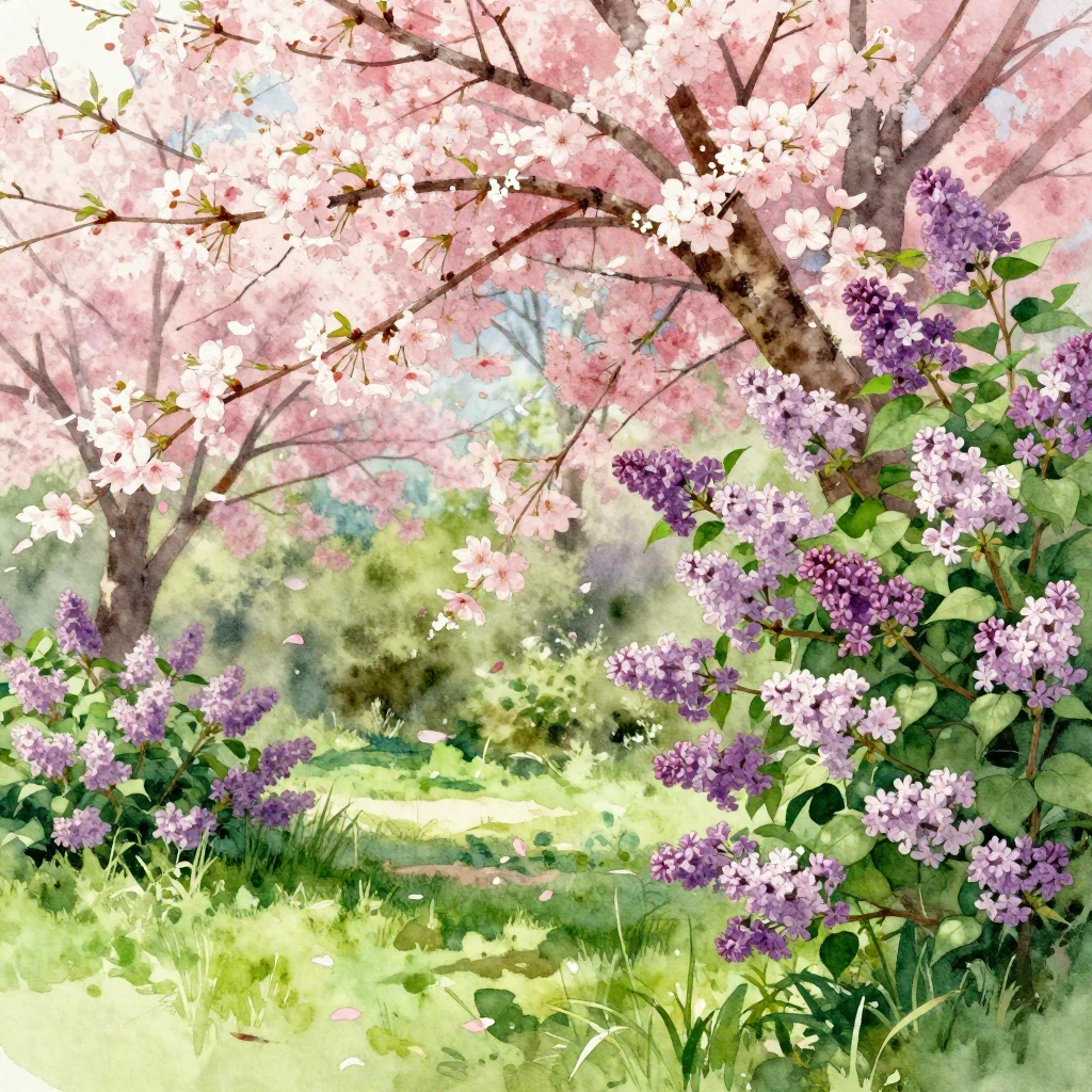 A vibrant May garden in full bloom, showcasing cherry blosso...