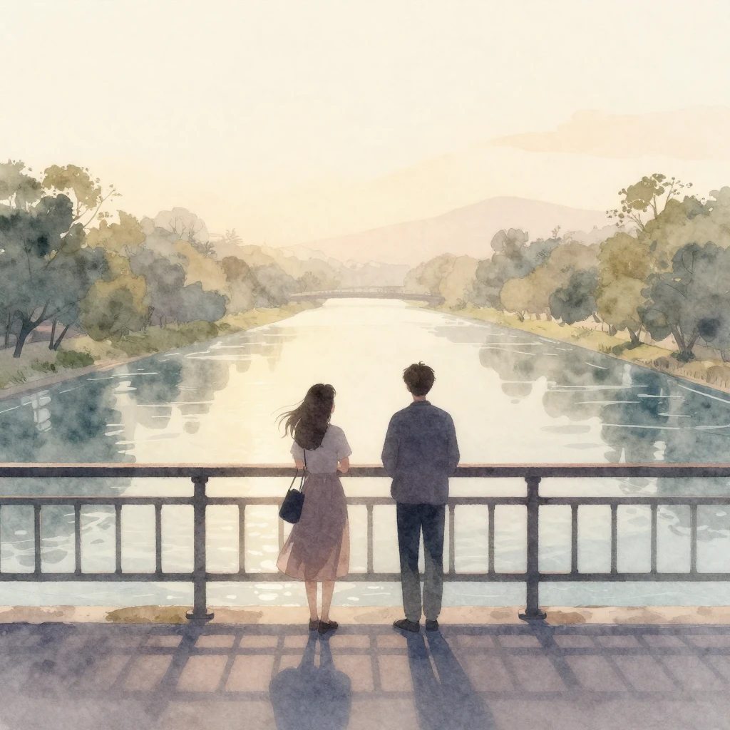 Dreamy watercolor illustration of two silhouettes standing o...