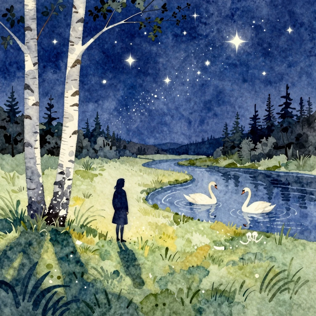 Vibrant watercolor style. Night landscape with a silhouette ...
