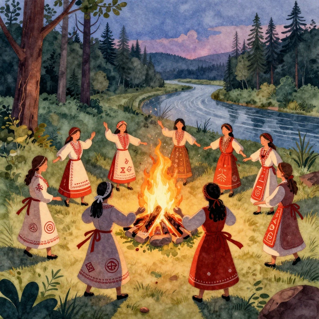 A vibrant watercolor illustration depicting a seasonal folk ...