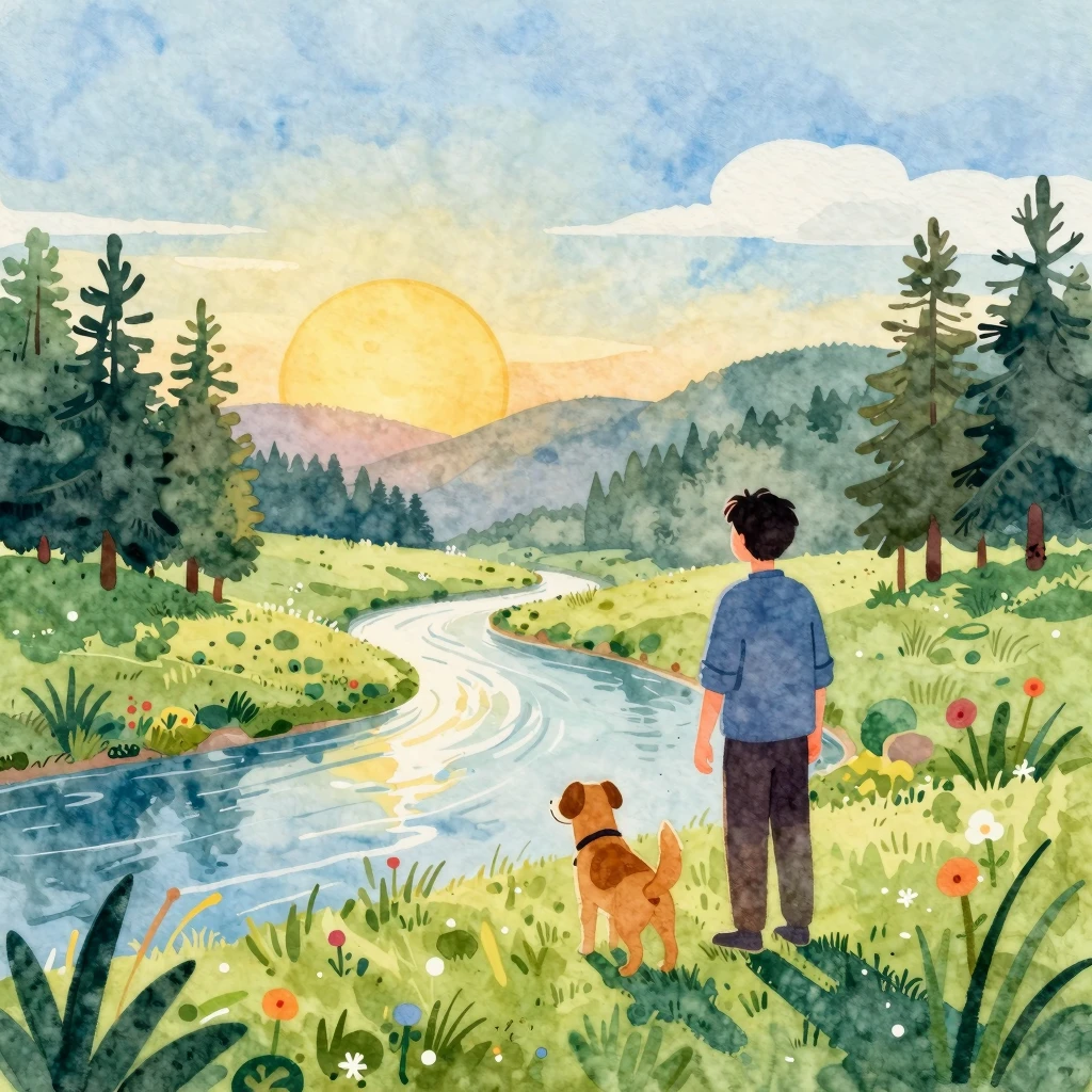 Vibrant watercolor style. A child's drawing of a peaceful bo...