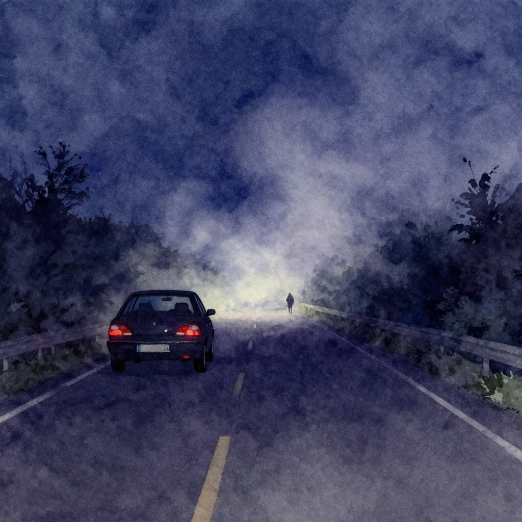 A lonely car driving on a dark, empty road at night, with a ...