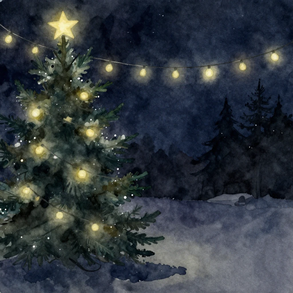 A dark, melancholic Christmas night scene in vibrant waterco...