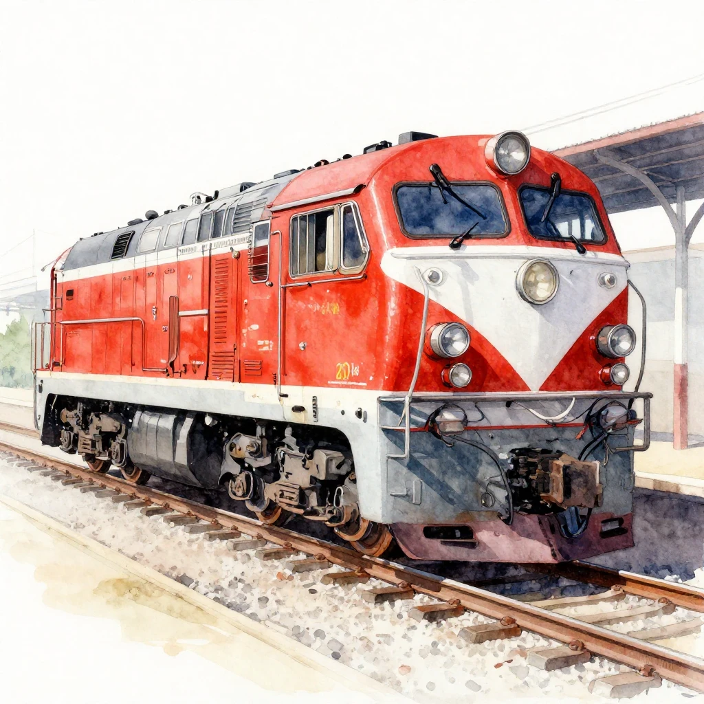 A vibrant watercolor painting of a red and white fire train ...