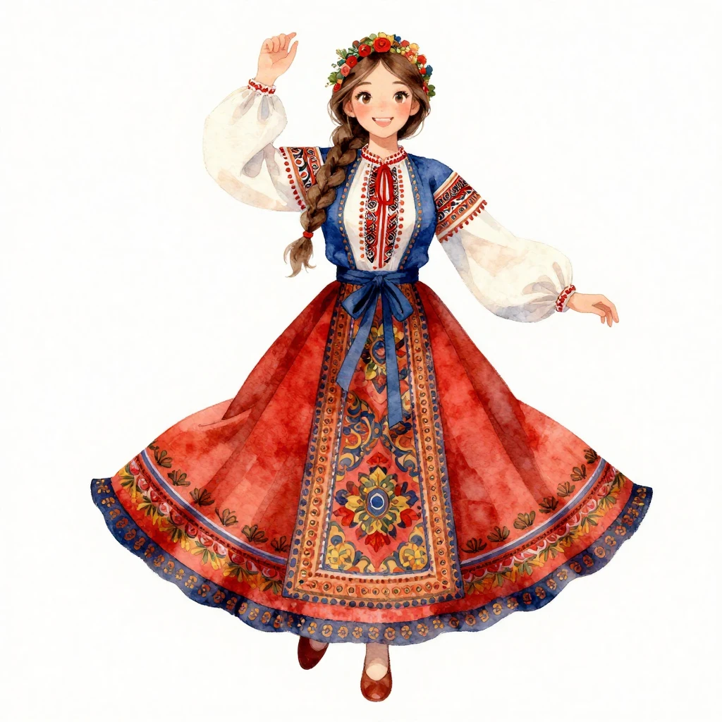 Vibrant watercolor style. Traditional Russian clothing, a wo...