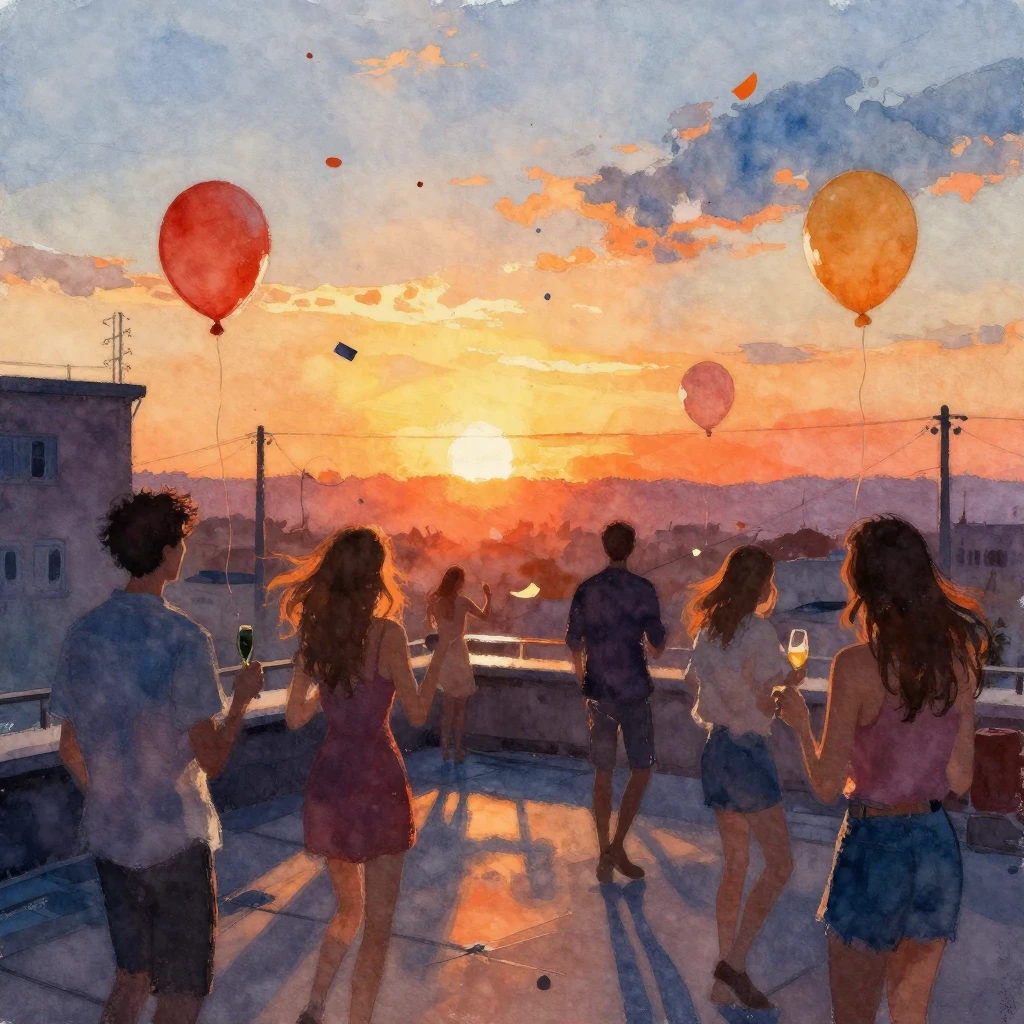 A lively watercolor painting of a rooftop party at sunset. S...