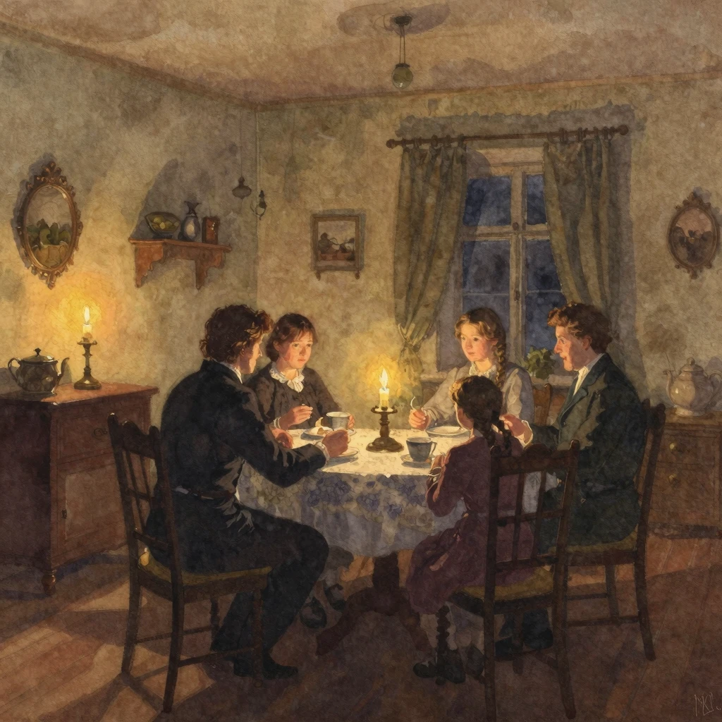 Watercolor painting of a cozy 19th-century Russian living ro...