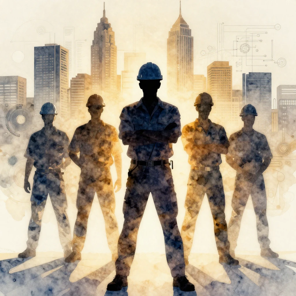 Watercolor style. Silhouettes of men in hard hats standing c...