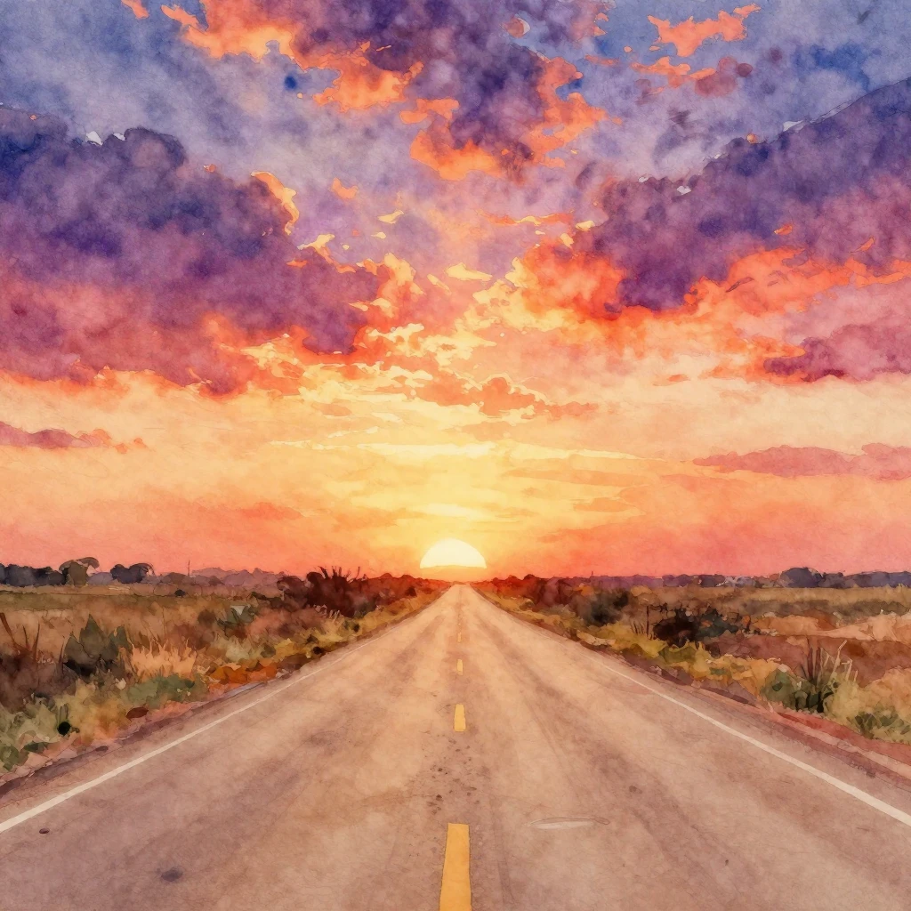 Vibrant watercolor painting of a dusty road at sunset, with ...