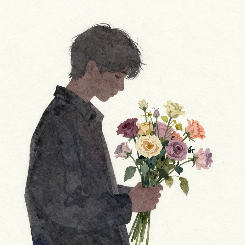 Watercolor style. A silhouette of a person holding a slightl...