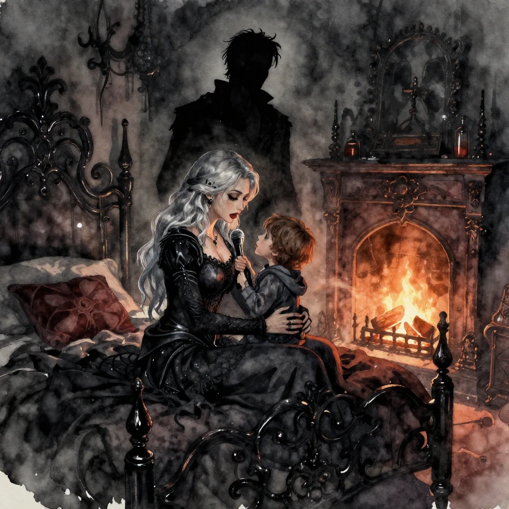 Watercolor style. Dark gothic bedroom, a mother with silver ...