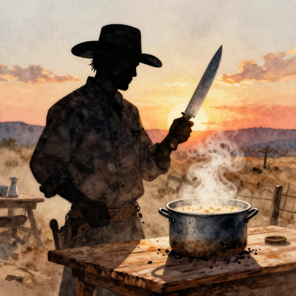 A watercolor painting in a western saloon. A silhouette of a...