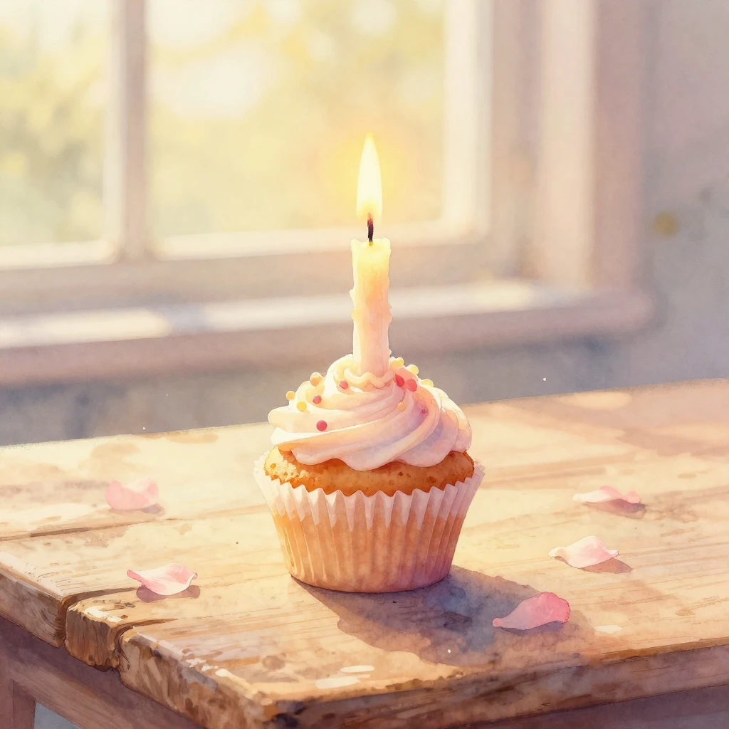 A soft watercolor painting of a single lit candle on a small...