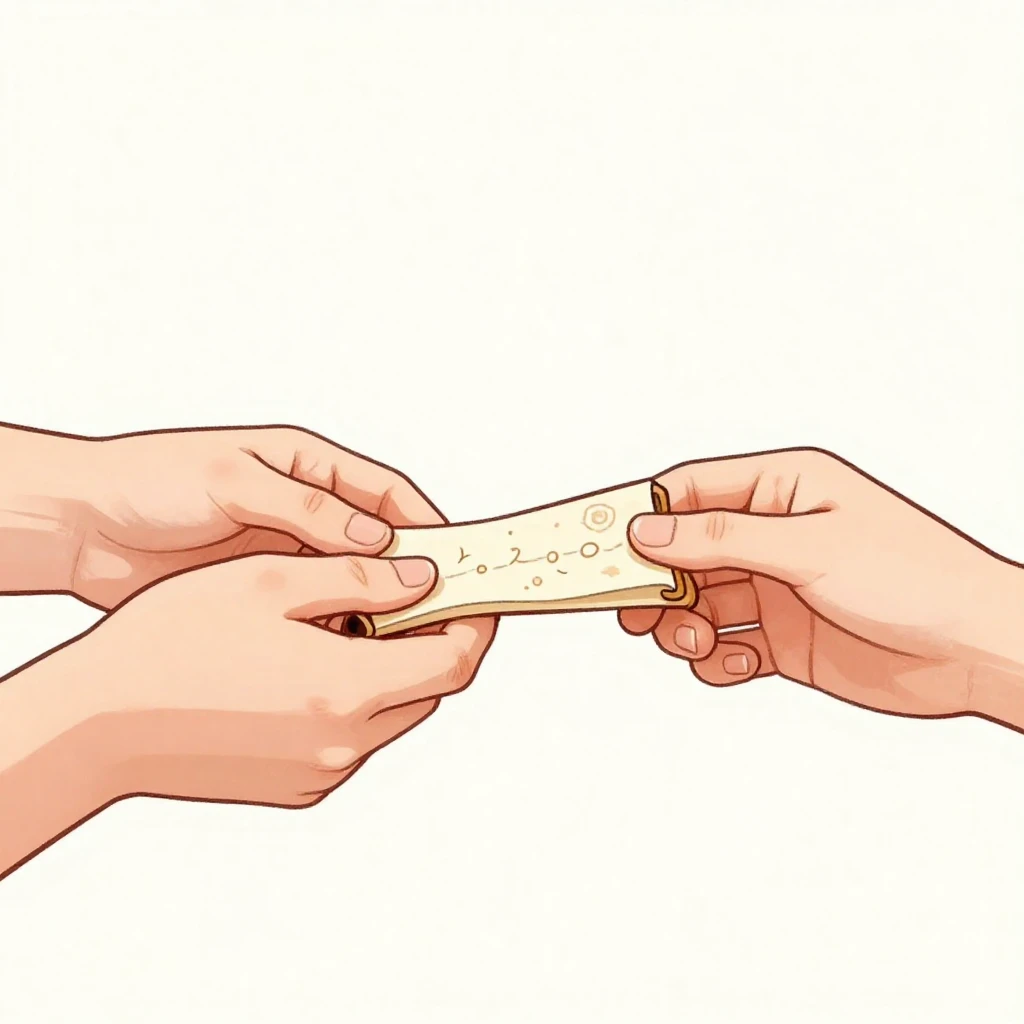 An artistic illustration of hands exchanging a small, decora...