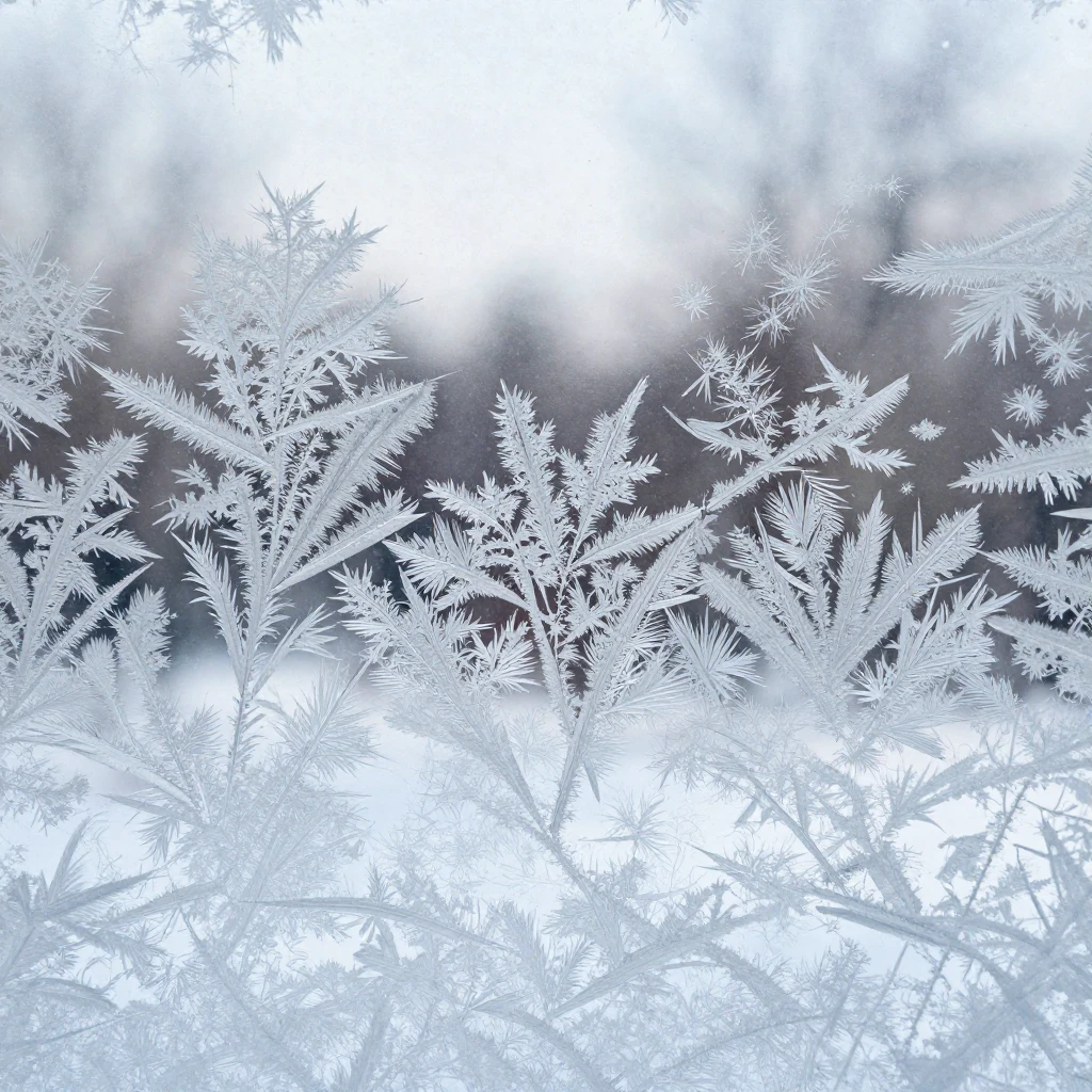 A close-up view of a window pane covered in intricate frost ...