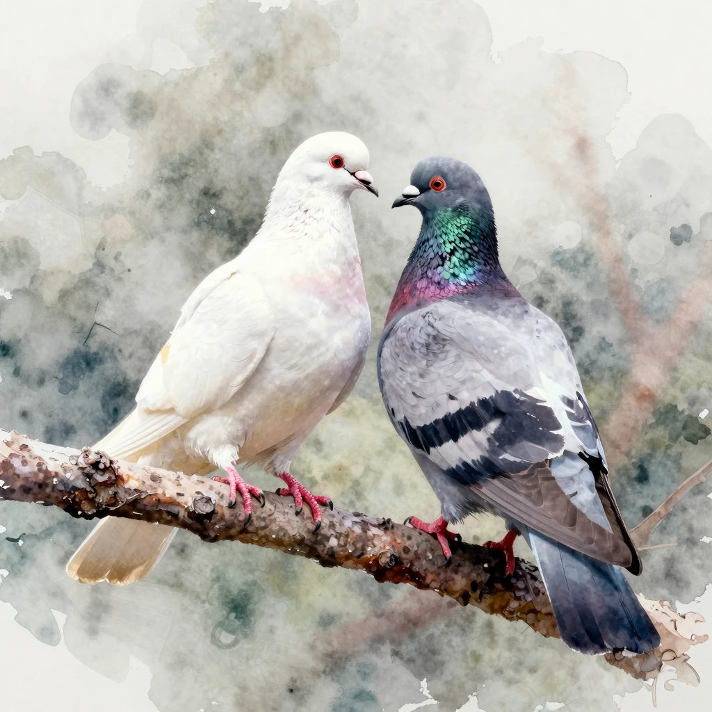 Vibrant watercolor painting of two pigeons, one white and on...
