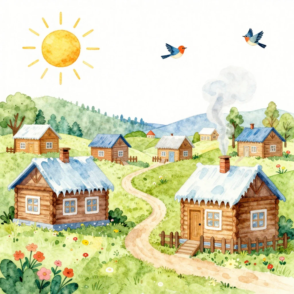 Vibrant watercolor illustration of a traditional Dymkovo vil...