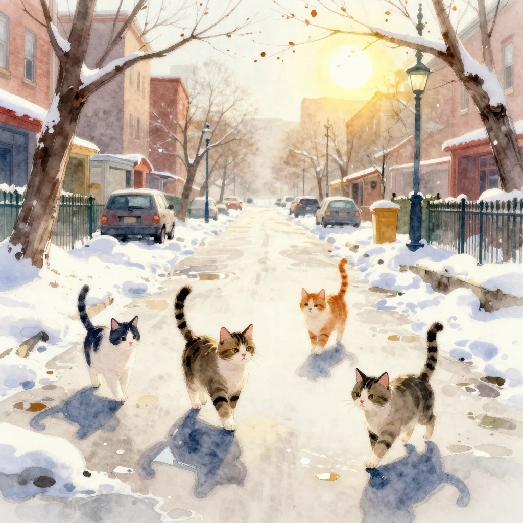 A vibrant watercolor painting of playful cats exploring an e...