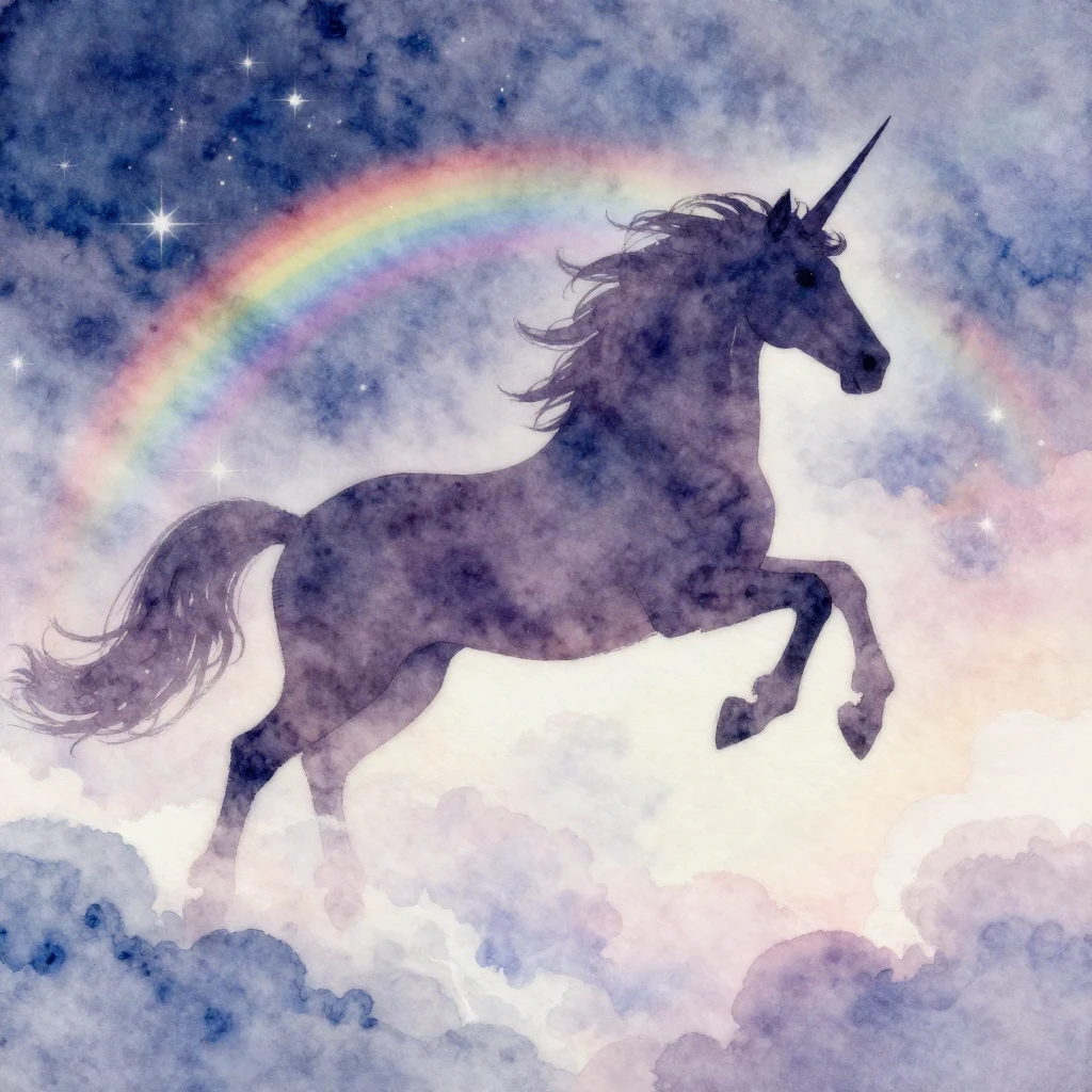A watercolor painting of a majestic unicorn silhouette leapi...