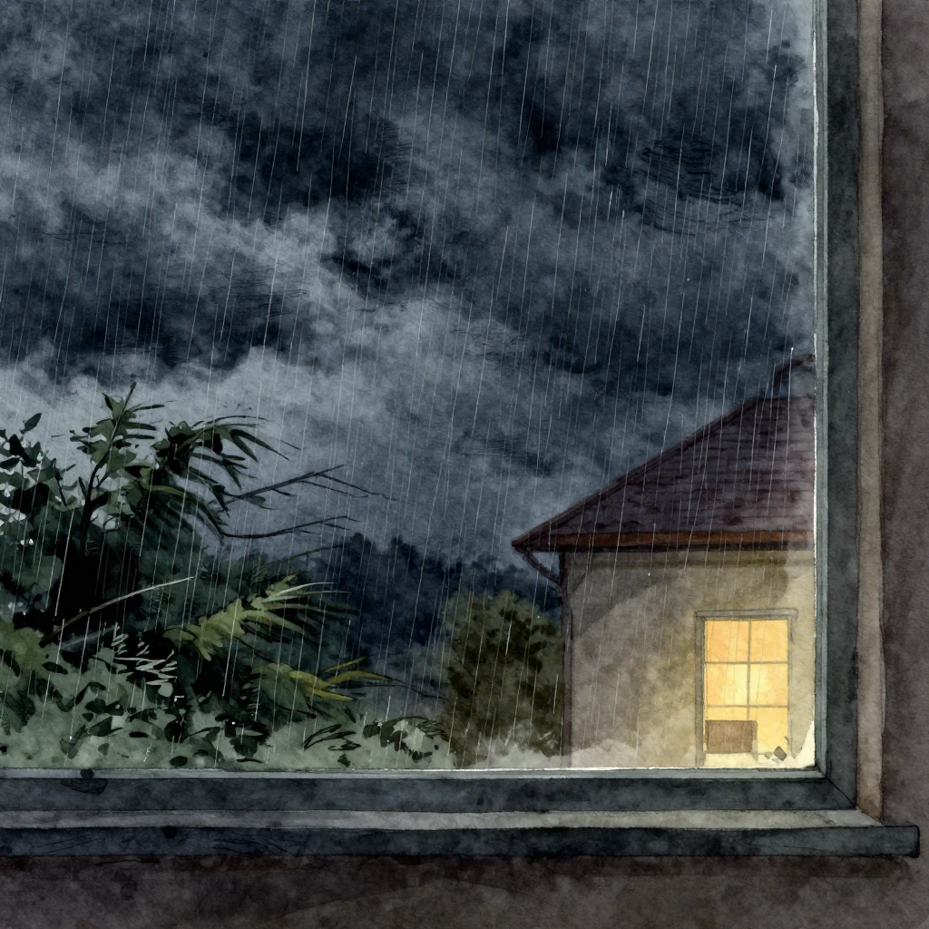 A watercolor illustration depicting a dark, stormy night out...