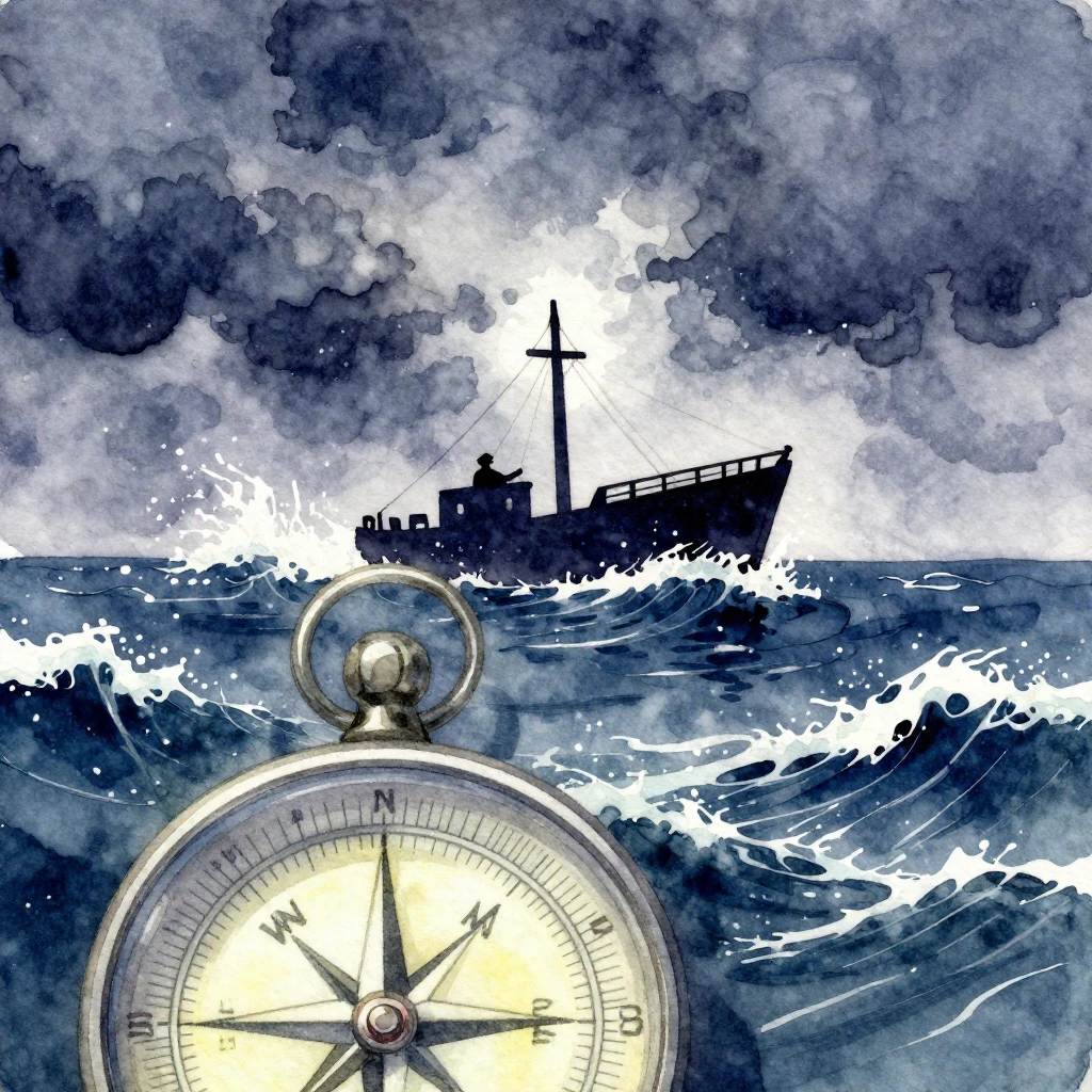 A lone ship captain's silhouette on a stormy sea, navigating...