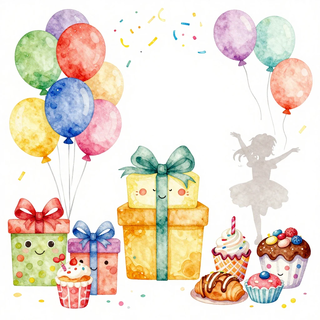 A vibrant watercolor scene for a child's birthday party, fea...