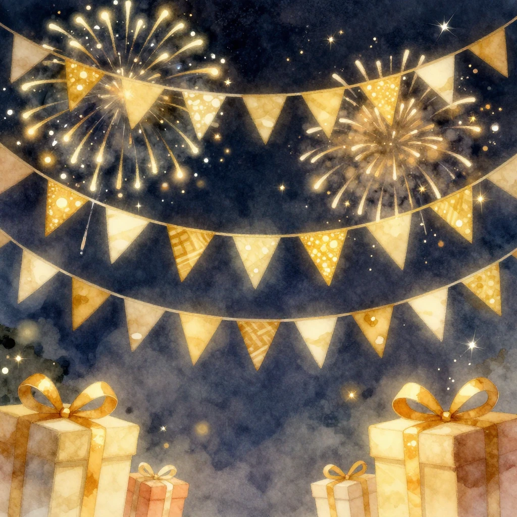 Watercolor style illustration of golden party garlands hangi...