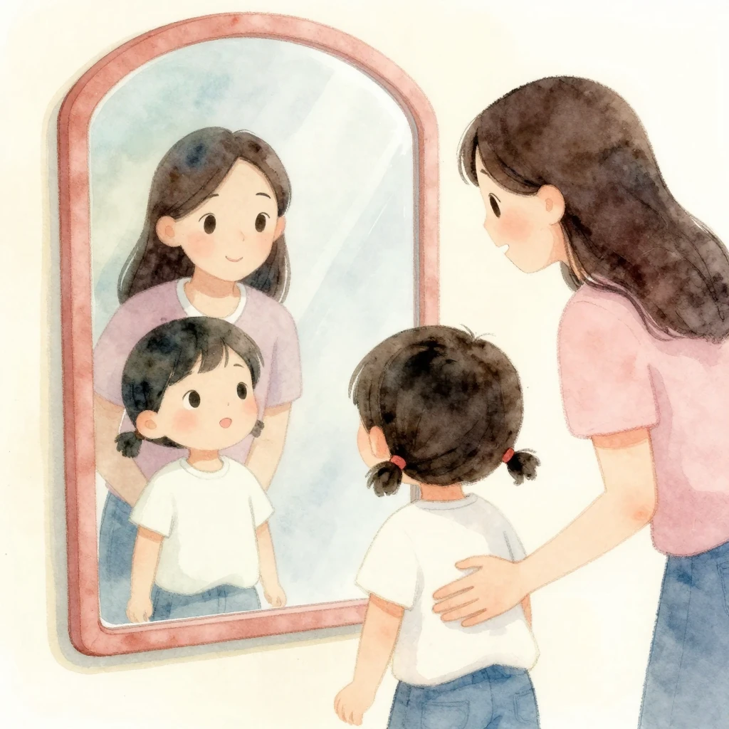 A whimsical watercolor scene of a child looking at their ref...