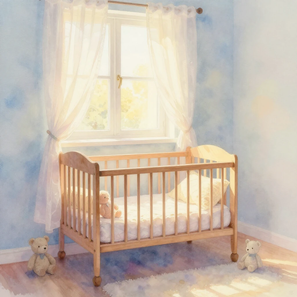 A soft watercolor painting of a cozy baby room bathed in war...