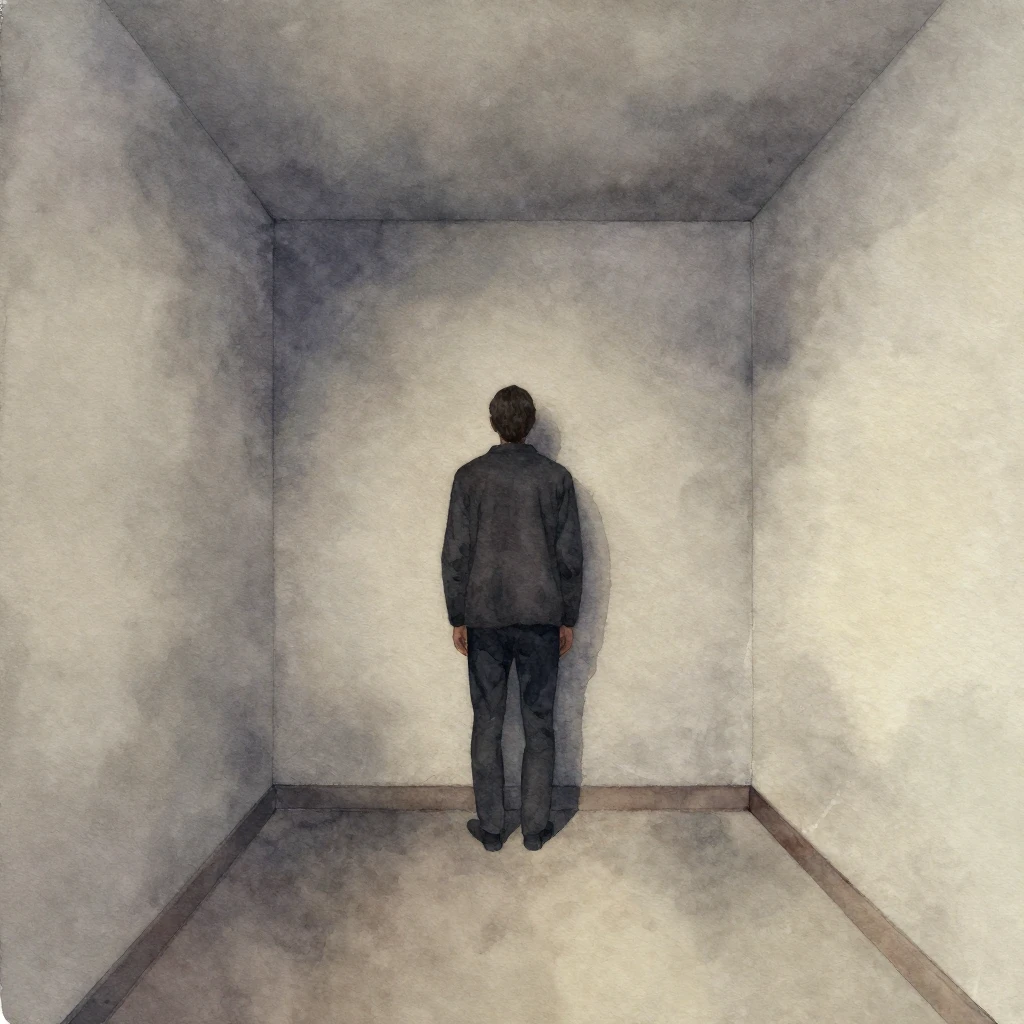 A lone figure in a small, enclosed space, walls closing in, ...