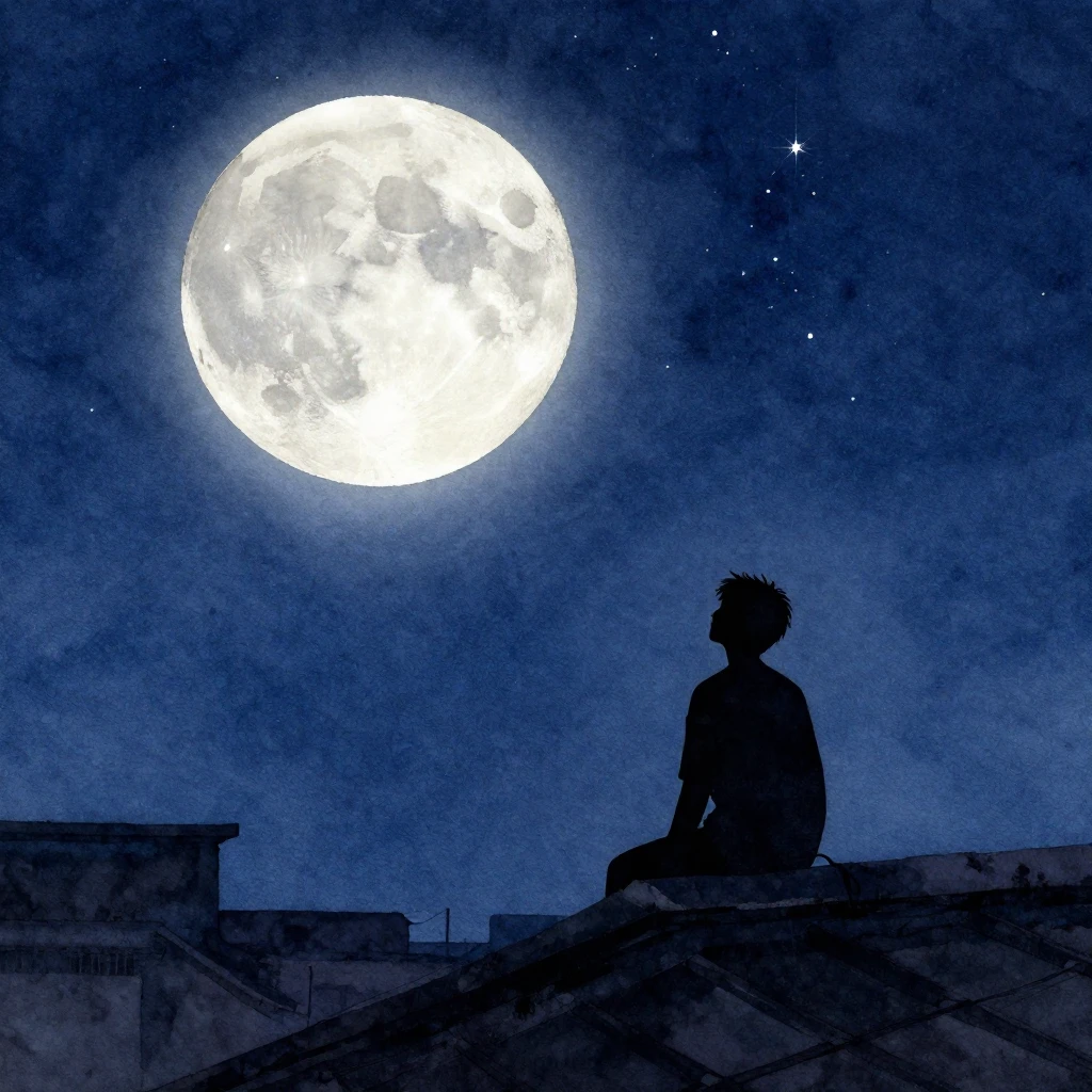 A watercolor painting. Silhouette of a lone man sitting on a...